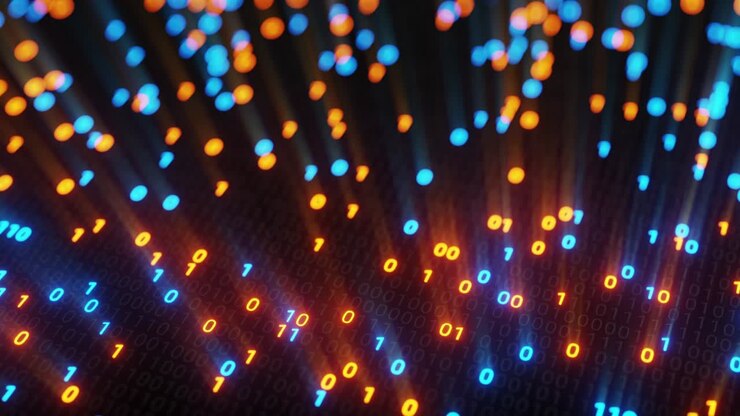 Abstract seamless blue and orange digital binary code matrix background VJ loop with flare.