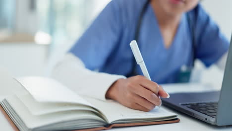 doctor, hands and writing in healthcare planning