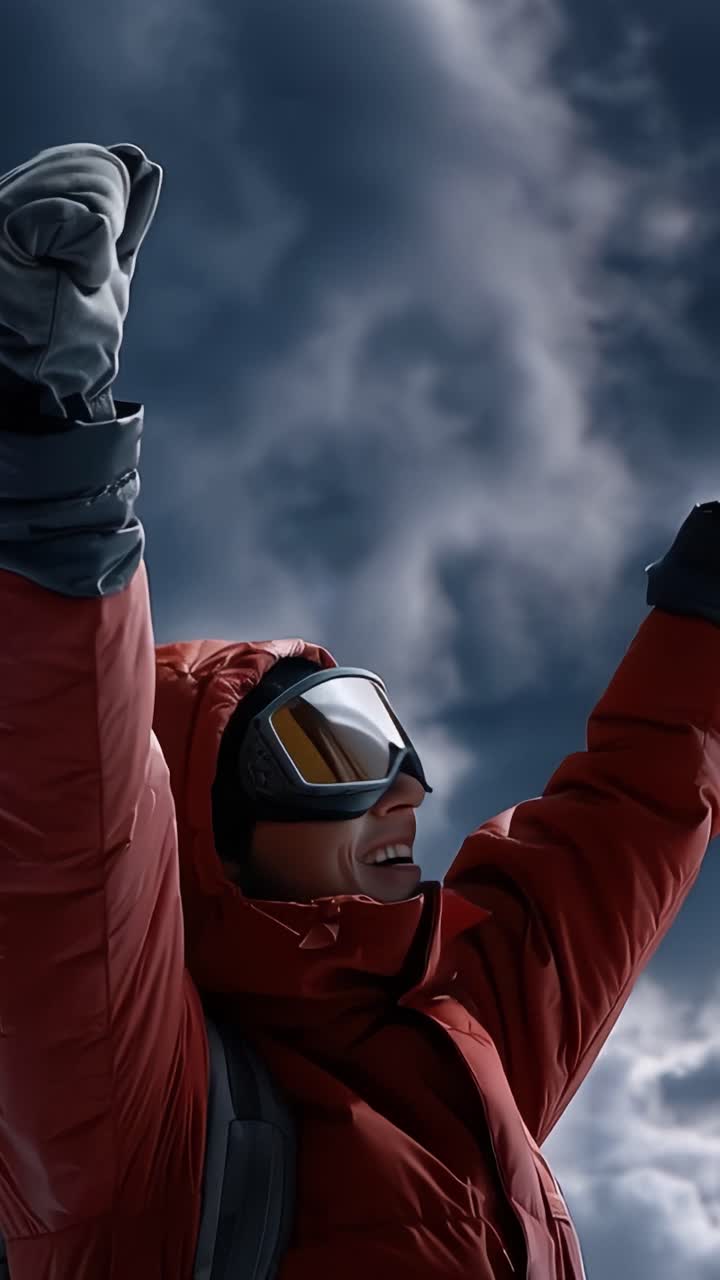 Climber, wearing red gear, raises arms triumphantly. His face shows pure elation against stormy sky. Dark clouds swirl above snowy peaks. He's celebrating peak success in harsh mountain weather