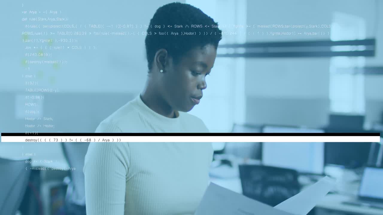 Animation of data processing over african american businesswoman with documents in office