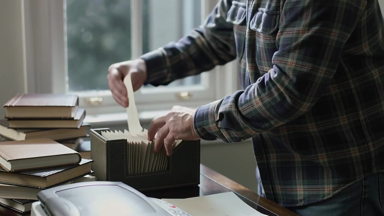 Man Scanning Documents and Organizing Files in Home Office