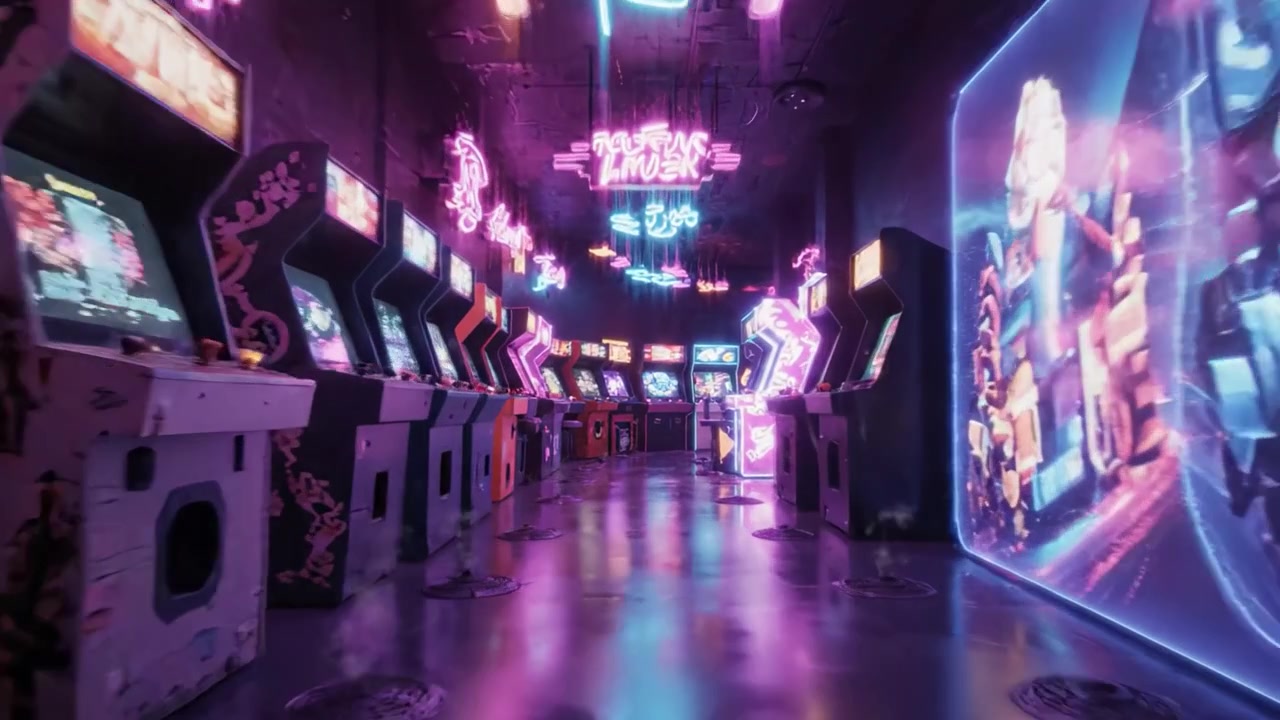 Vibrant Neon Arcade: An Enthralling Visual Journey Through a Retro Gaming Haven Filled with Classic Machines and Dazzling Lights