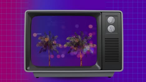 Front-view-of-an-old-TV-sizzling-with-palm-trees-on-screen