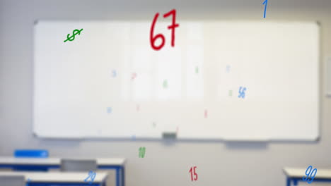 digital composition of changing numbers and symbols floating against empty classroom