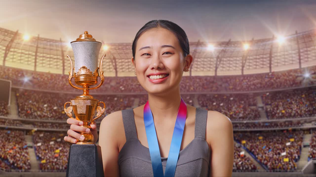Close Up Of Asian Woman Wears A Gold Medal And Holds A Gold Trophy In Her Hand As The First Winner Smiling To Camera At The Stadium