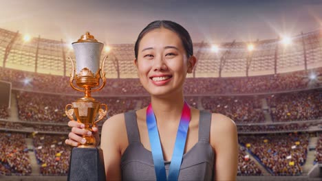 close up of asian woman wears a gold medal and holds a gold trophy in her hand as the first winner smiling to camera at the stadium