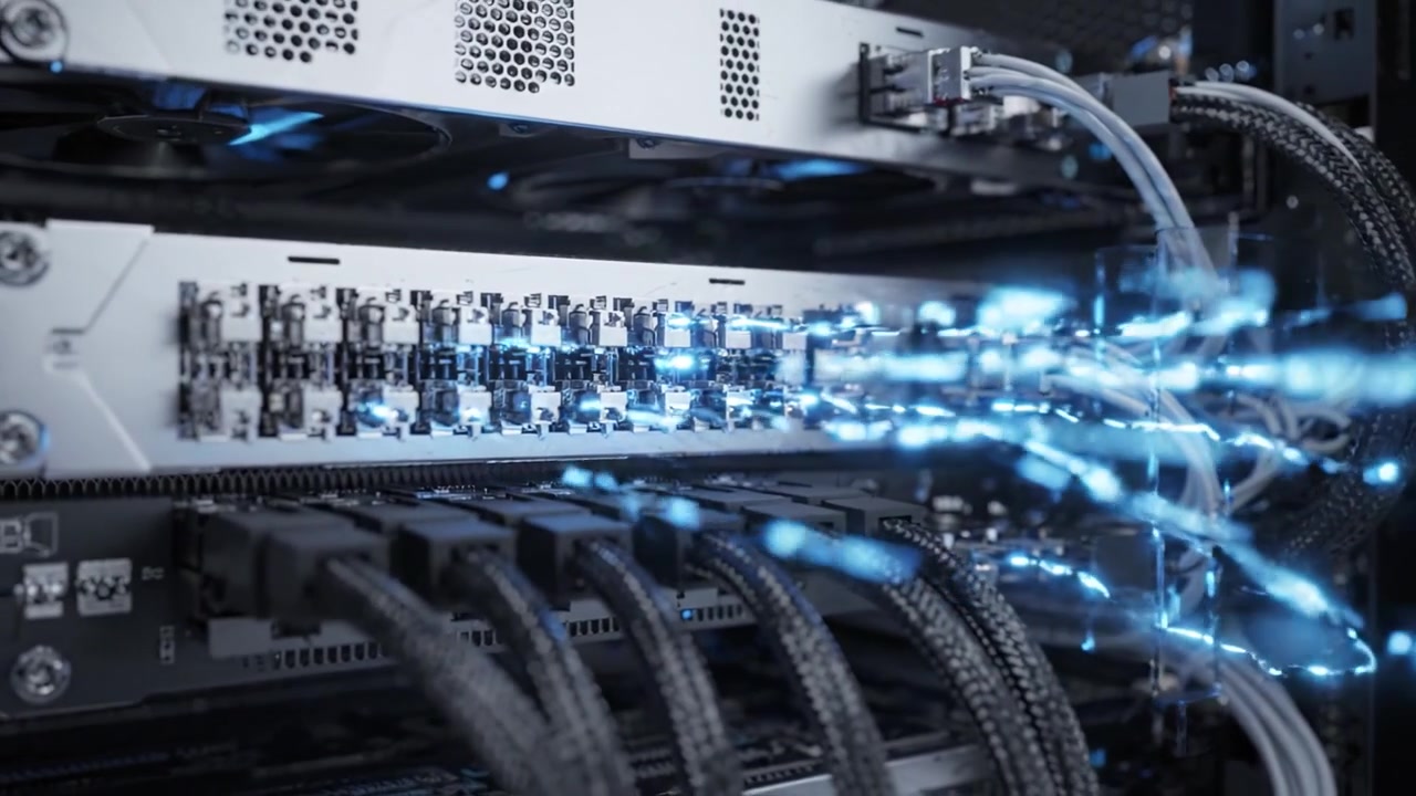 Advanced Server Rack with Illuminated Cables and Cooling Fans Showcasing Modern Computer Hardware Technology in a Dark Studio Environment