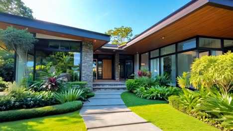 a walkway leads to a modern house surrounded by lush green plants