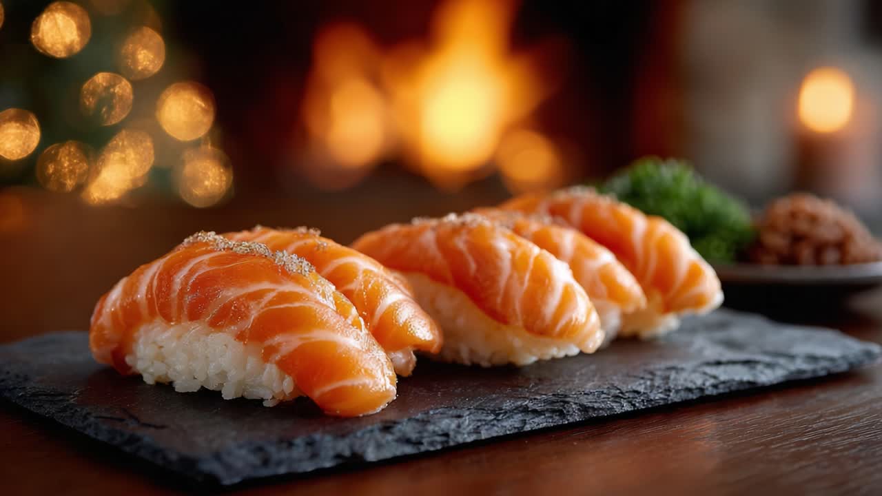 Eine exquisite Darstellung von Lachs-Sushi auf einer Schieferplatte, aufgenommen in der Nähe eines gemütlichen Kamins mit glühenden Bokeh-Lichtern im Hintergrund, perfekt für Feinschmecker