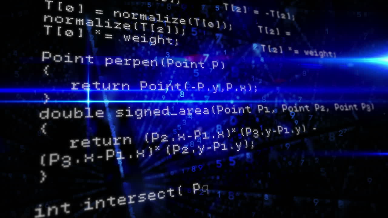 Animation of digital data processing over glowing blue lights