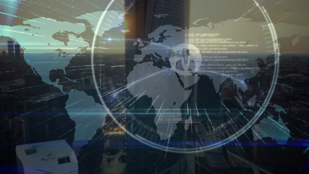 animación de redes de conexiones con el mapa del mundo sobre el paisaje urbano