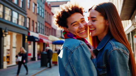 joyful young couple laughing and showing affection on a city street