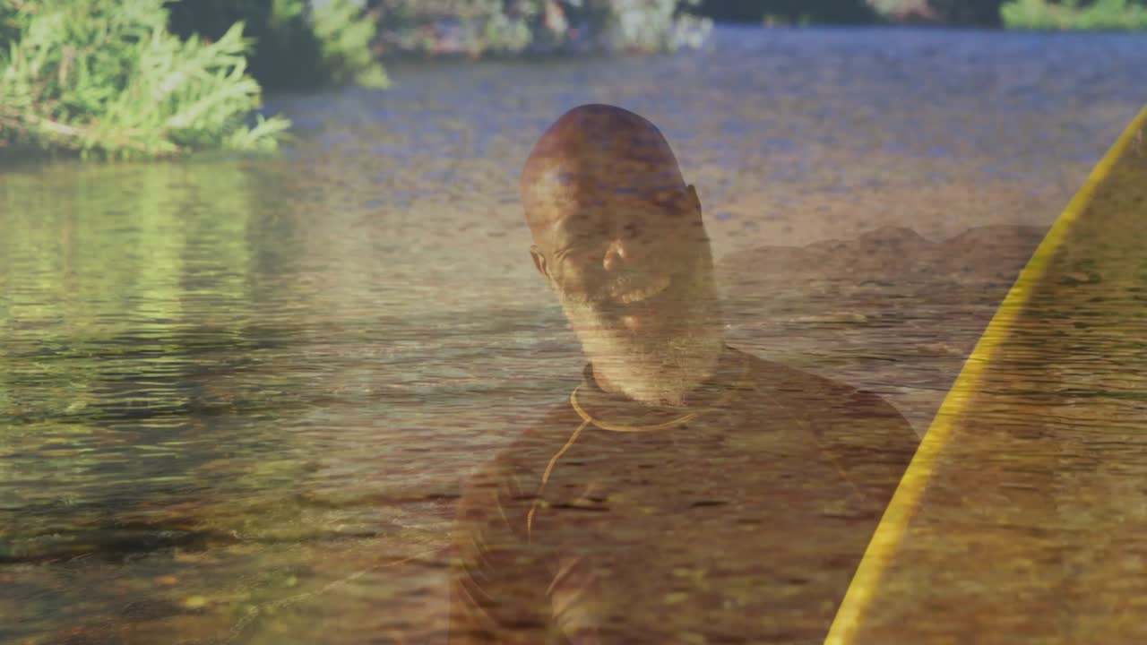 Double expo revealing man beside yellow board, water overlay showing board use for sports creators
