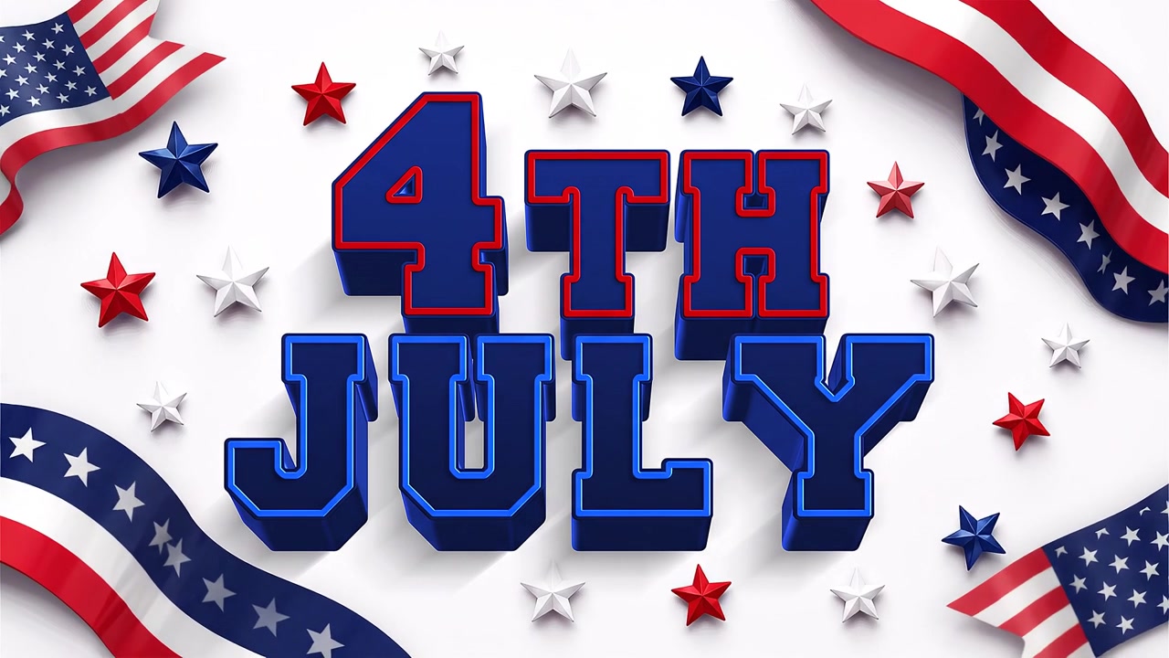 Bold patriotic Fourth of July 3D text with stars and flowing American flag ribbons