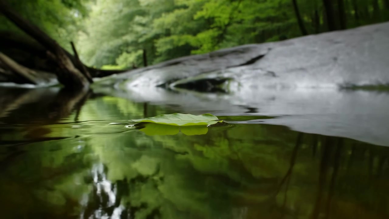Uma única folha verde intacta flutuando na superfície da água em um riacho raso na floresta, criando pequenas ondulações concêntricas, um rastro fino e um reflexo natural calmo sob luz diurna suave com deriva mínima.