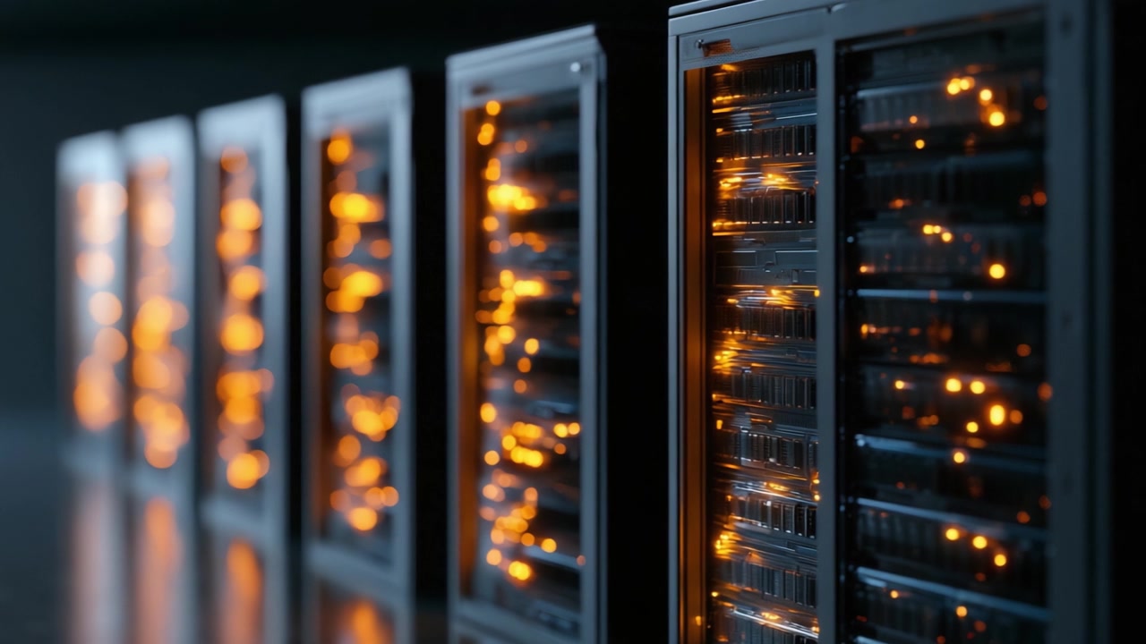 Illuminated Server Racks in a Data Center: A Glimpse into Modern Technology and Network Infrastructure with Flickering Lights in the Background