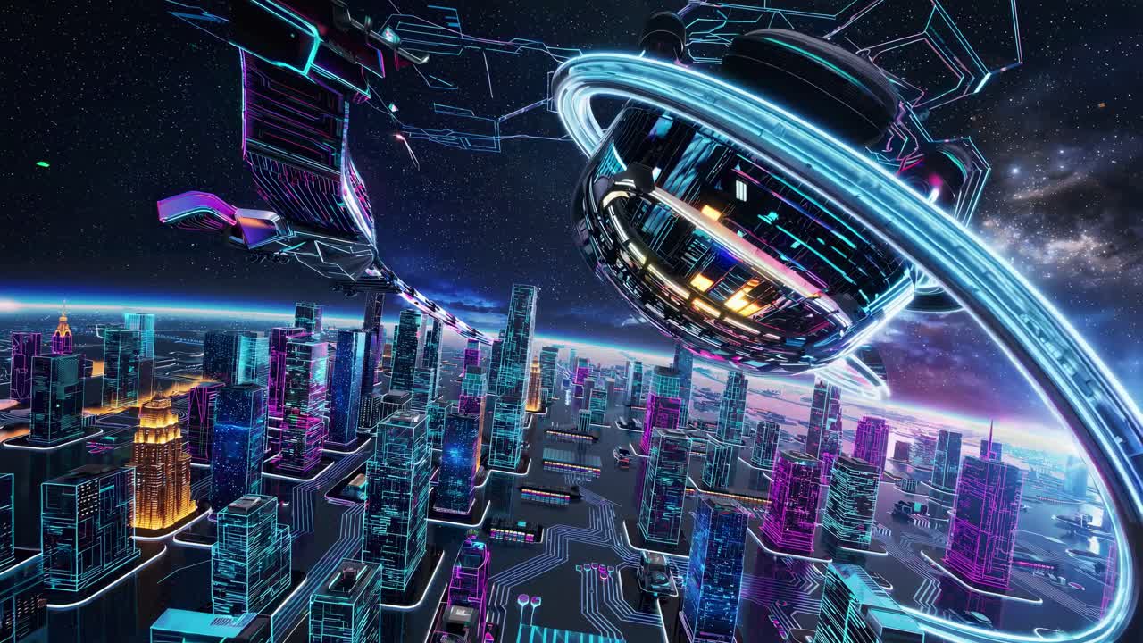 구름 위에 있는 미래의 사이버 크 도시