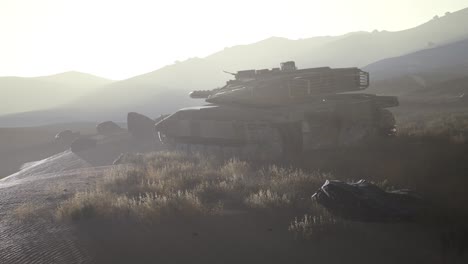 old-rusty-tank-in-the-desert-at-sunset