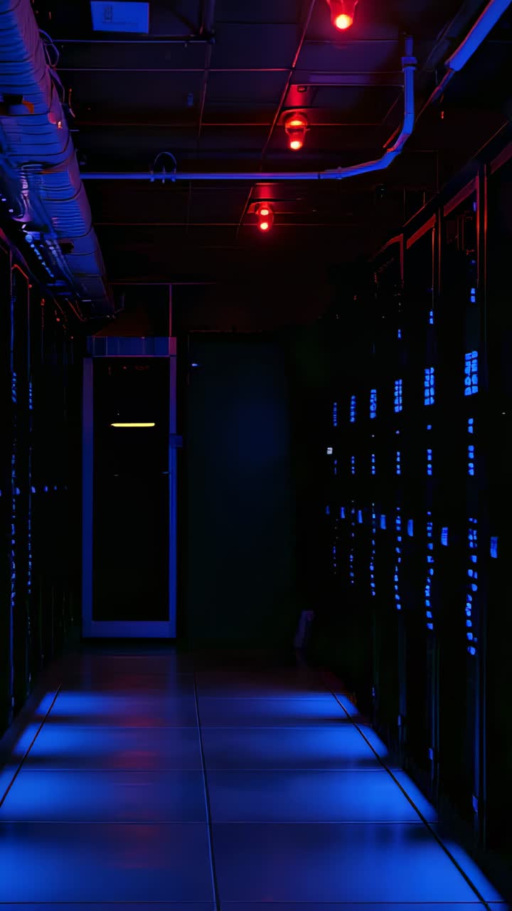 Vertikal video: Glødende røde lys og blå LED-lys, der oplyser datacentrets korridor med serverracks