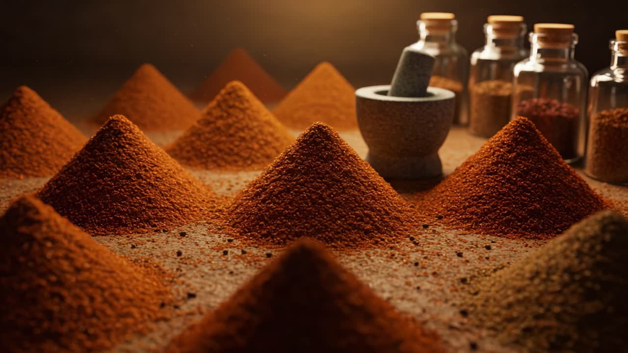 A Vibrant Display of Spices: An Enchanting Arrangement of Colorful Spice Mounds with Glass Jars and a Mortar Set Against a Softly Lit Background