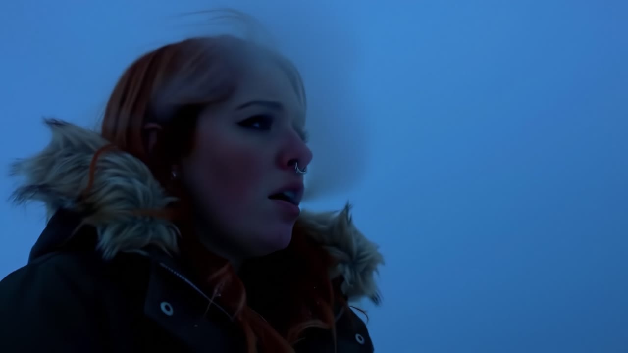A Young Woman with Red Hair Standing Against a Cold, Blue Winter Background, Exhaling Visible Breath in a Chilly Environment, Capturing the Essence of Frosty Conditions
