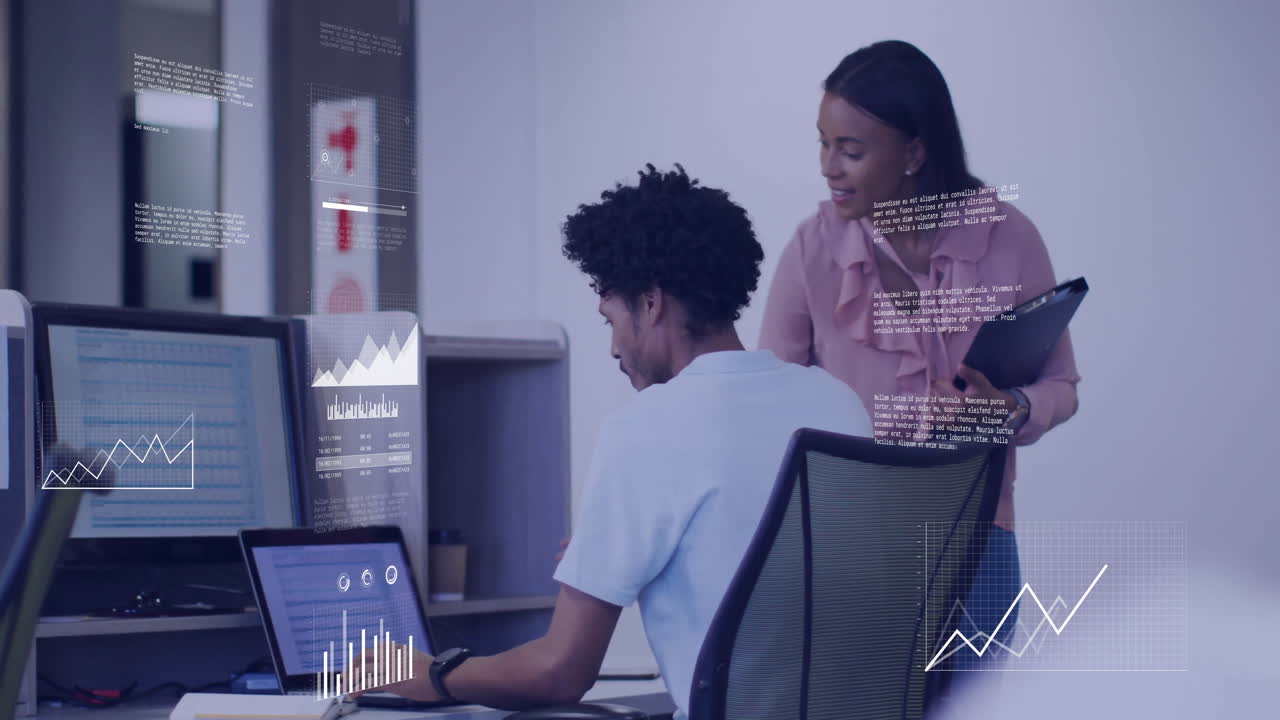 Animation of data processing over diverse business people in office