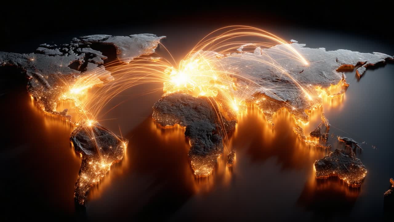 A Stunning Visualization of Global Connectivity: Illuminated Networks Across the World Map Highlighting Economic, Technological, and Cultural Connections