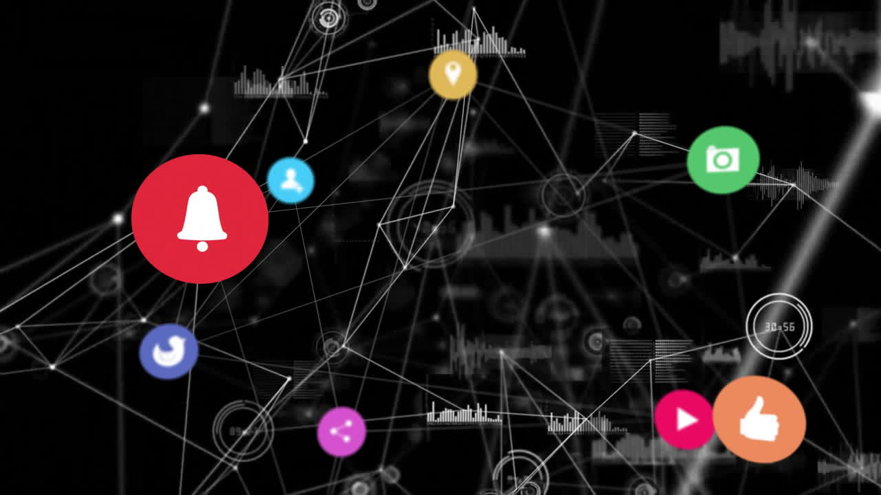 도시 풍경 배경에서 알림 아이콘과 네트워크 연결을 애니메이션화합니다.