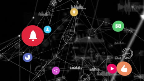 animating notification icons and network connections over cityscape background
