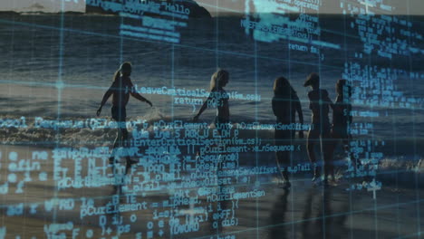 silhouetted people walking on beach with digital code overlay animation