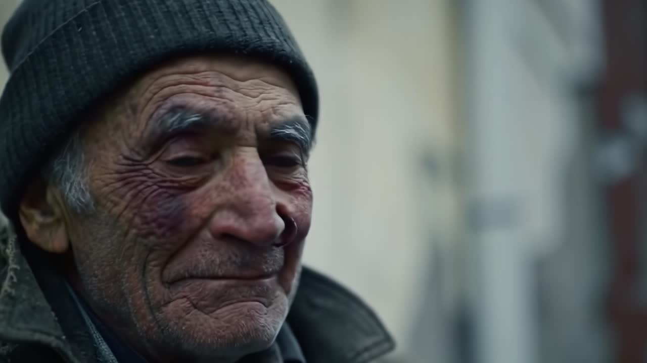 An elderly man, wearing a beanie and jacket, smiles warmly as he recounts life experiences on a quiet urban street in the afternoon light. His face reveals wisdom and age.