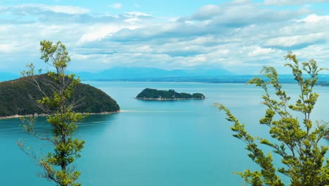 Scenic view of two islands framed by lush trees in Abel Tasman National Park, a nature lover&#039;s paradise