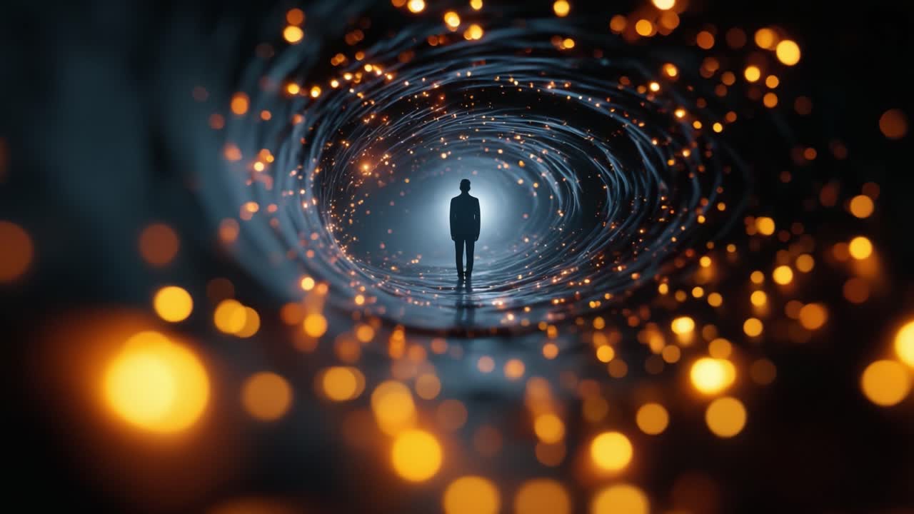 A solitary figure stands in a mesmerizing vortex of swirling lights, creating an enchanting atmosphere that blends mystery and wonder in an ethereal dimension