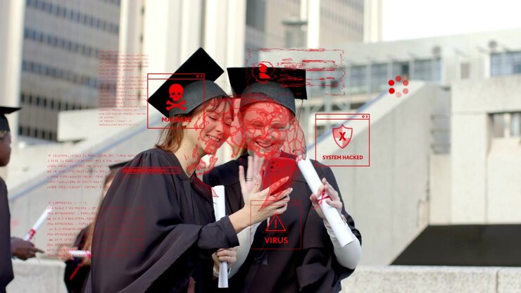 Due donne che festeggiano mostrando il telefono in piazza, causando una sovrapposizione di avviso rosso sui volti e sui diplomi.