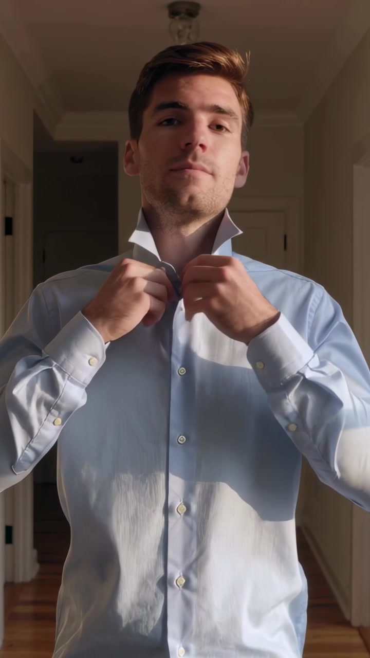 Video verticale: Uomo che si abbottona la camicia e si sistema il colletto in corridoio, preparandosi per il lavoro.