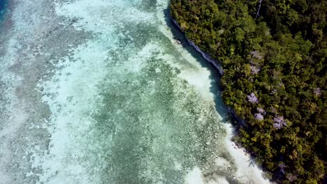 Scenic-aerial-view-of-crystal-clear-ocean-water,-coral-reef-and-rainforest-tree-covered-island-in-Raja-Ampat,-West-Papua,-Indonesia