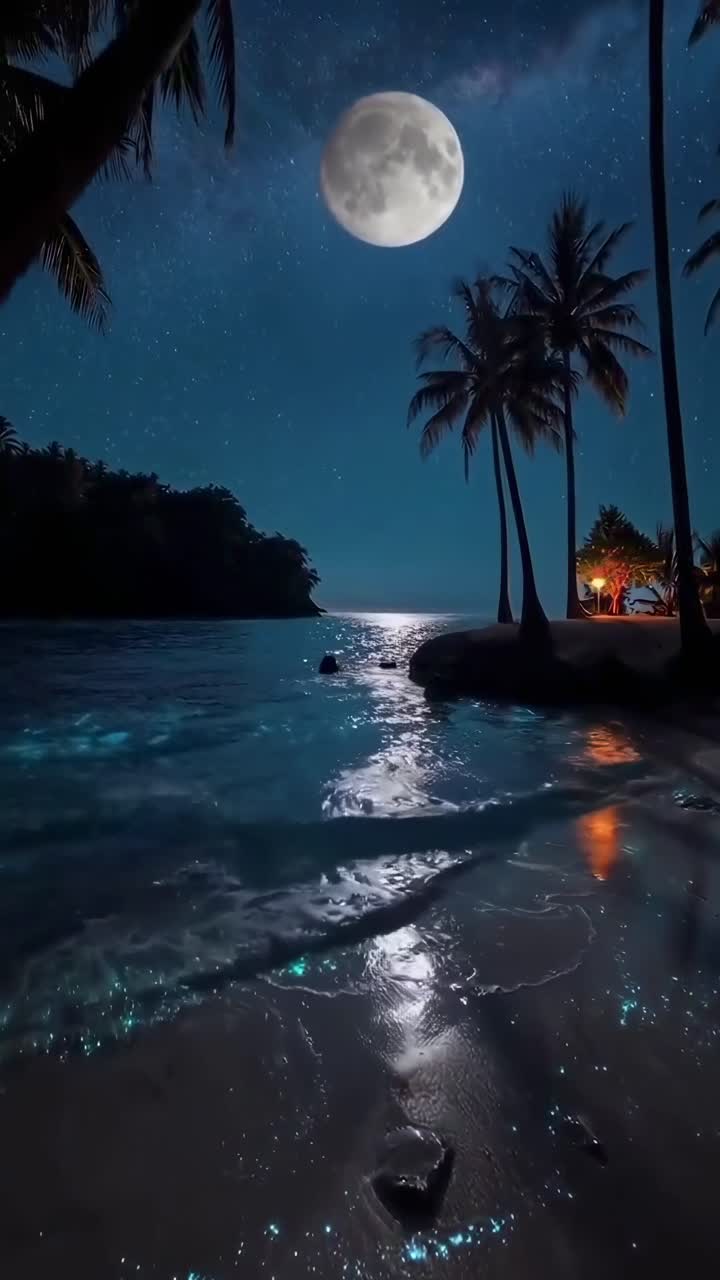Geniş açılı video tarzında çekilmiş, dolunaylı huzurlu bir gece plaj sahnesi