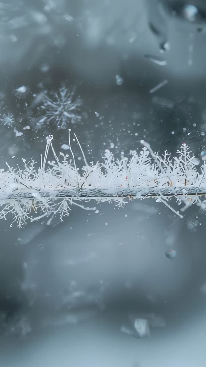 Video verticale: filo di brina lucente, brezza che sposta, scaglia di stella che gira e ghiaccio che si sposta in macro
