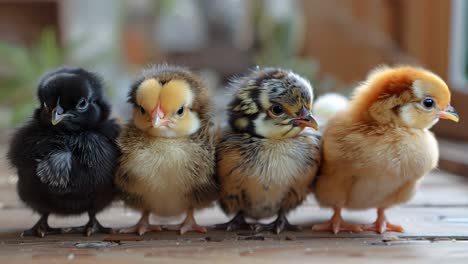 four baby chicks standing in a row. the chicks are of different colors, with one being black, one being brown, and two being yellow. concept of innocence and cuteness