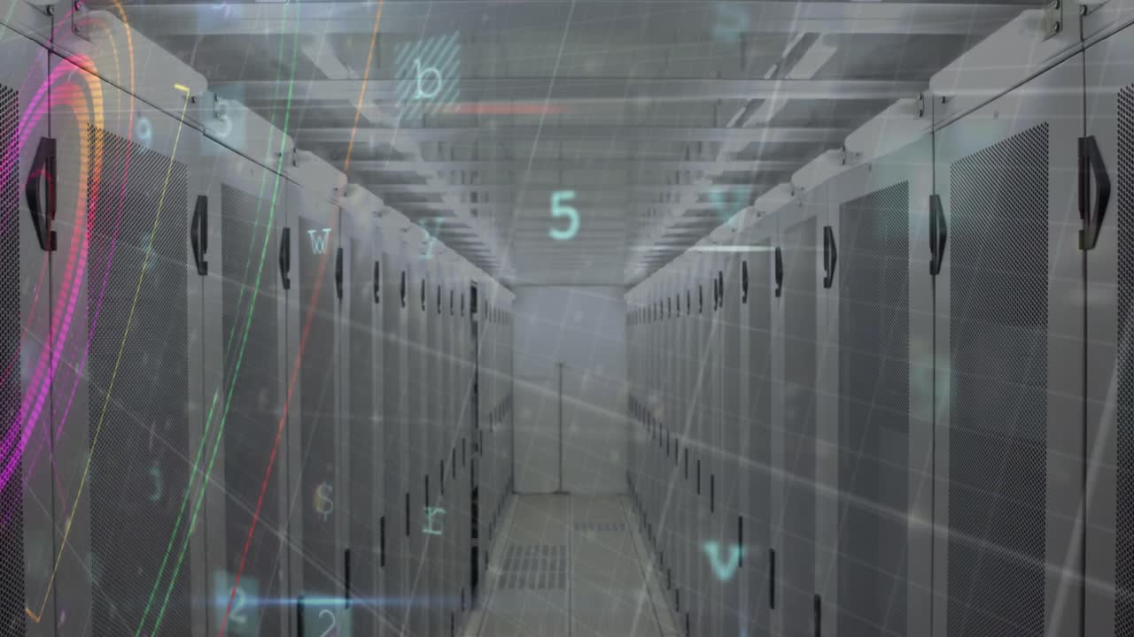 animación del procesamiento de datos y formas de neón sobre la sala del servidor