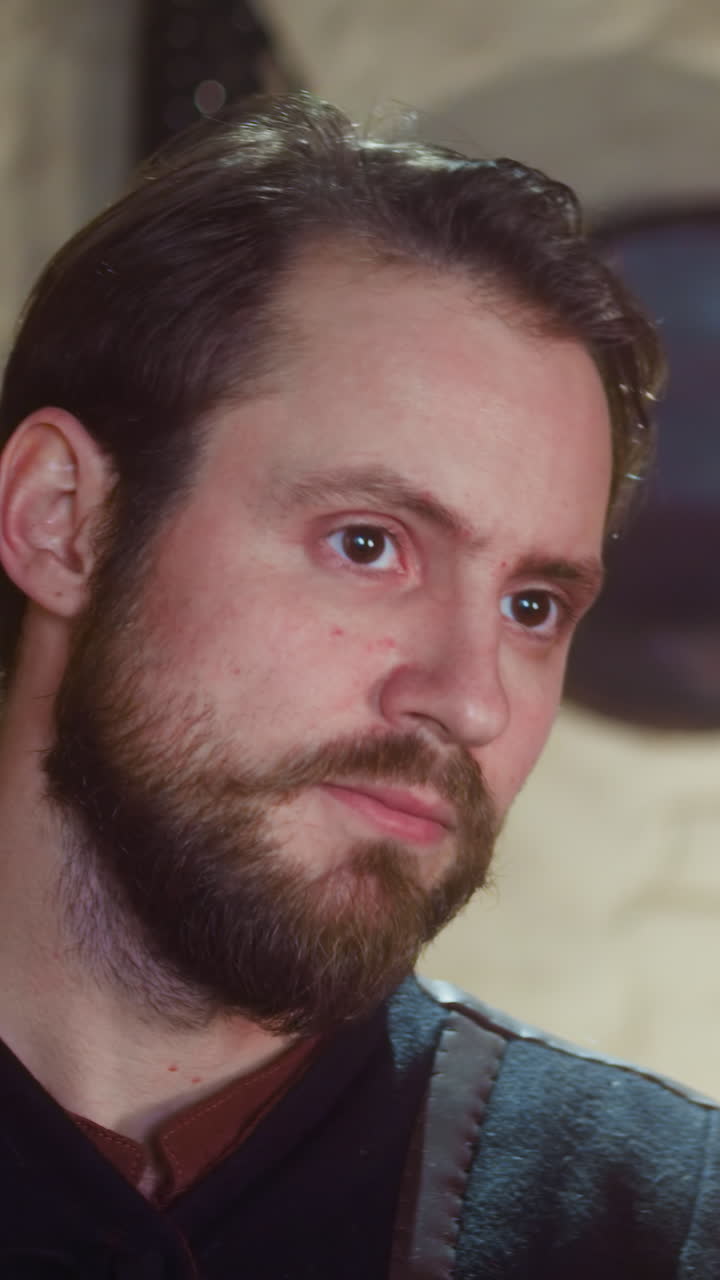 el hombre barbudo pasa la noche en una taberna medieval en primer plano. el huésped se inclina hacia adelante para tomar el artículo y camina en la antigua posada. fantasía oscura y participante del juego de rol