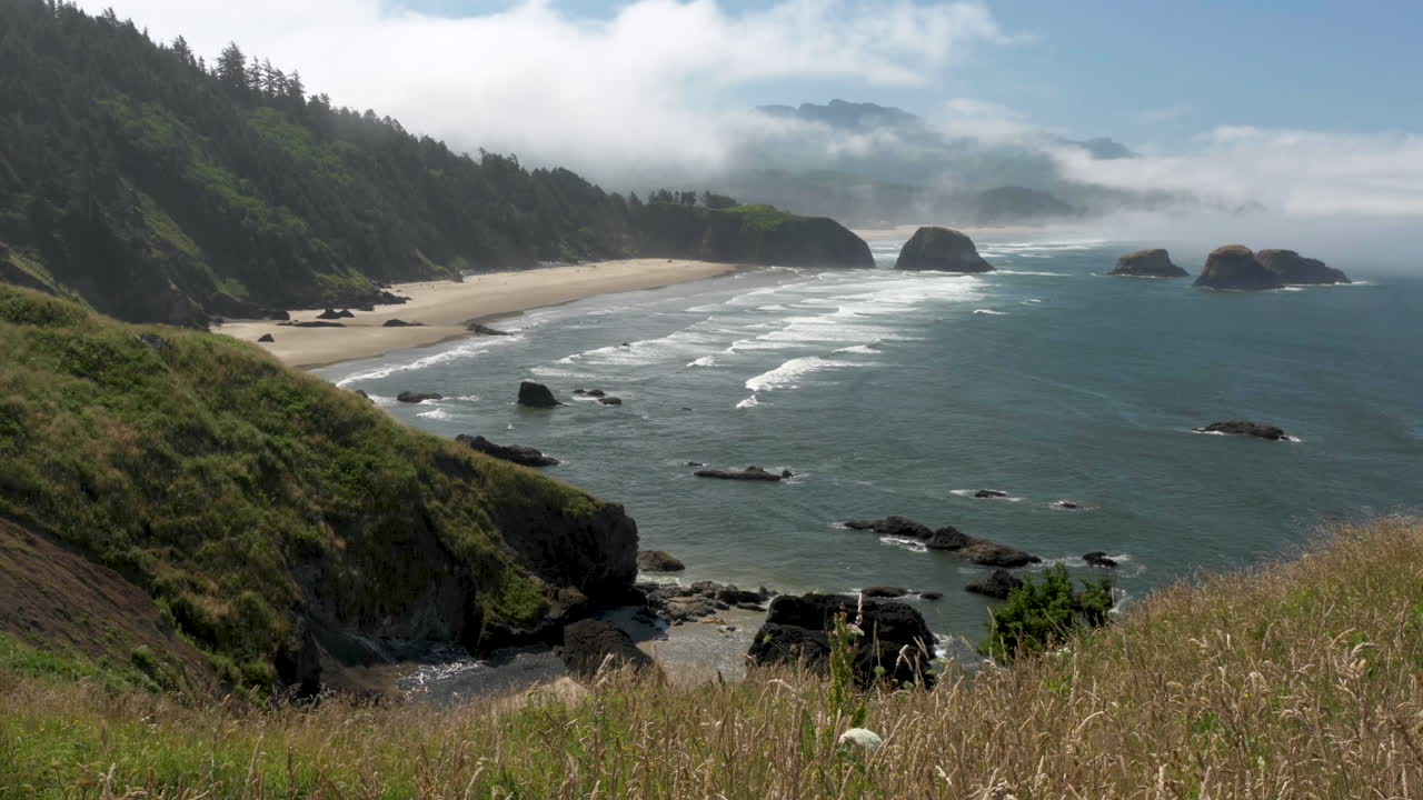 High angle view from bluff of waves breaking on Crescent Beach, Ecola State Park, Oregon