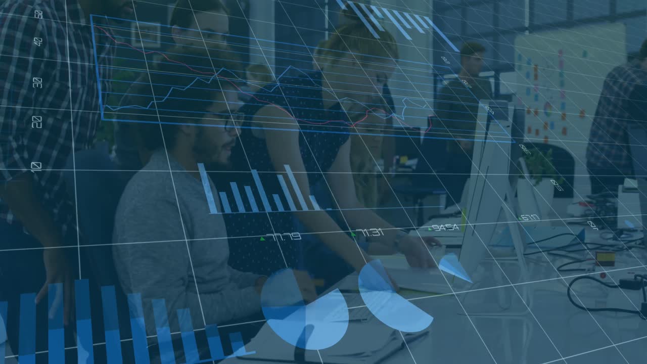 Animation of statistical data processing against diverse colleagues discussing together at office