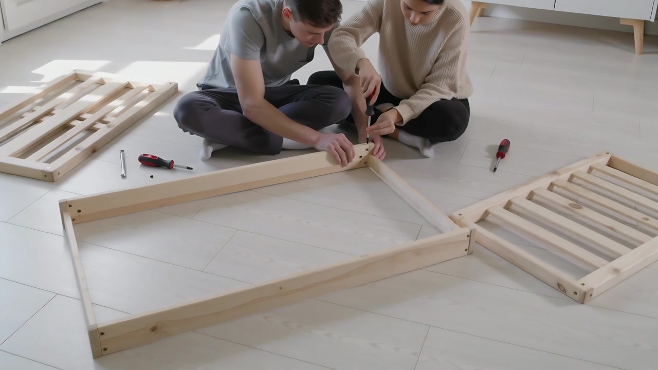 Aligning brace, couple sitting on pale floor assembling frame tightening screw using screwdriver