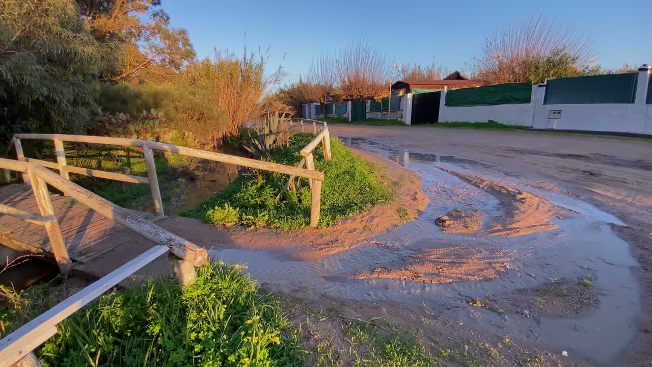 the Rainwater pools among grass and sand beside a small wooden bridge, glowing in low sunset light near the coastal paths of Costa Ballena