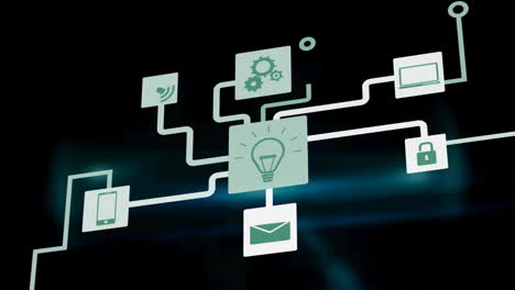 animação de rede de conexões com ícones em telas digitais