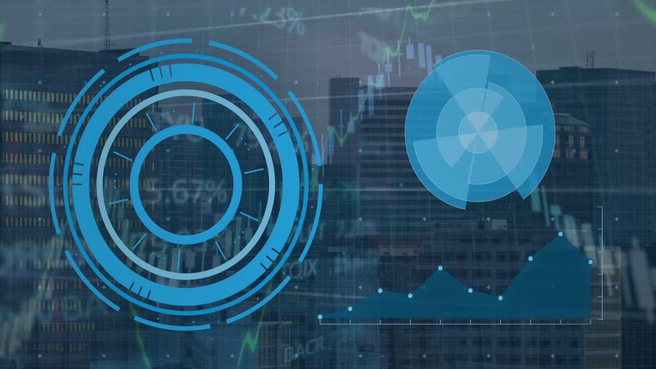 Animation of round scanner, financial and stock market data processing against view of cityscape
