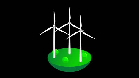 rotating wind turbines on field.  animation of power generation by wind turbines. animated wind power station. natural environment friendly power plant. green eco energy