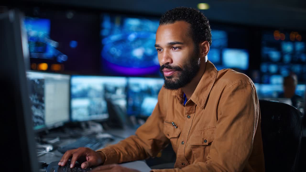 Focused Professional Engaged in Data Analysis and Monitoring in a Modern Control Room Environment with Multiple Screens Displaying Dynamic Information and Graphical Feedback for Decision Making and Insights