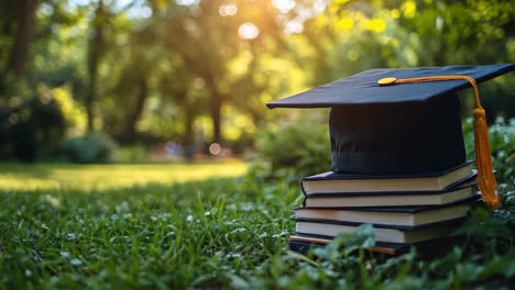 graduation cap on stack of books in a park